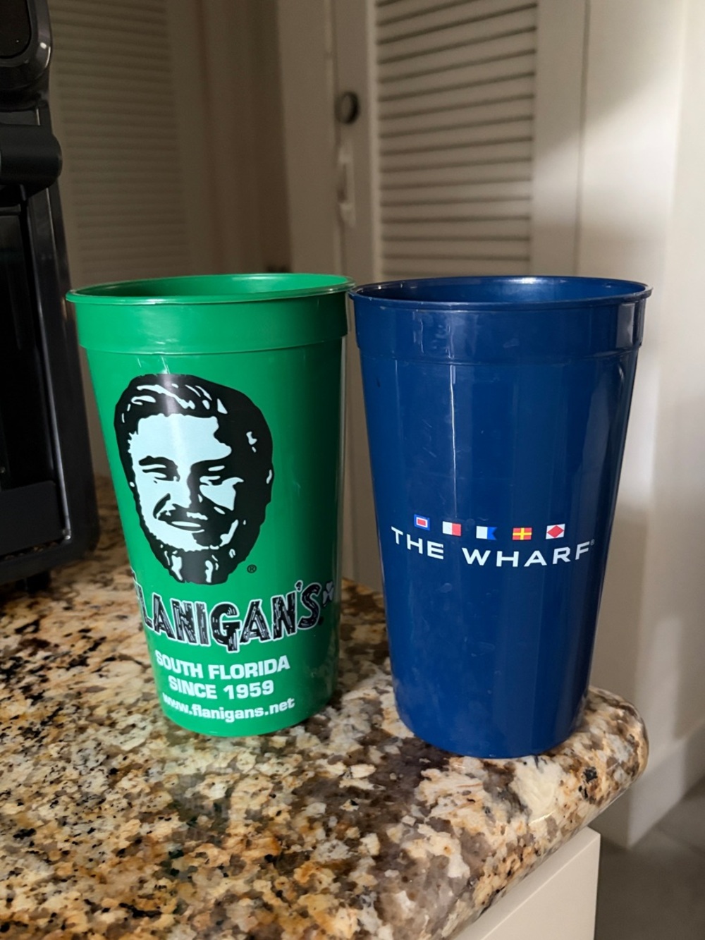 flanigan’s the wharf miami staple memorable Green and Blue Branded Plastic Cups